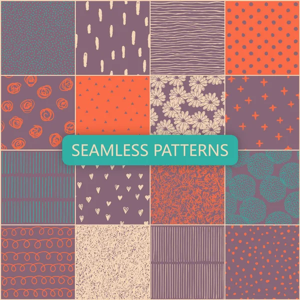 Set van vector naadloze lente patronen met bloemen, doodle patroon, stippen, harten, lijnen. — Stockvector