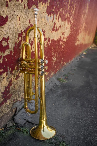 Velho trompete parede de tijolo — Fotografia de Stock