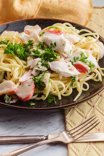 Granchio Scampi Linguine Pasta — Foto Stock