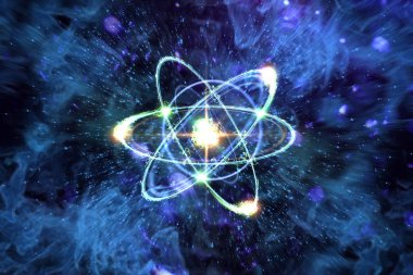 Renkli atomik parçacık arkaplan bilimi 3D illüstrasyonunu kapat