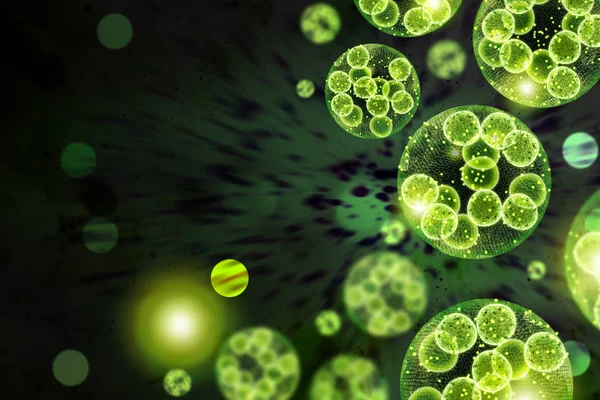 绿色单细胞球藻显微镜3D概念图 — 图库照片