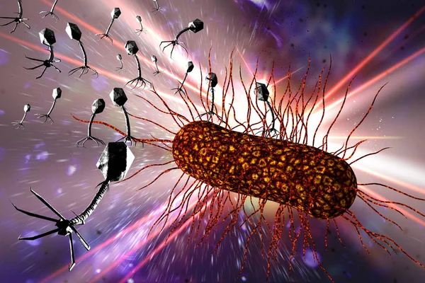 Primer Plano Virus Bacteriófago Atacando Células Bacterianas Ilustración — Foto de Stock