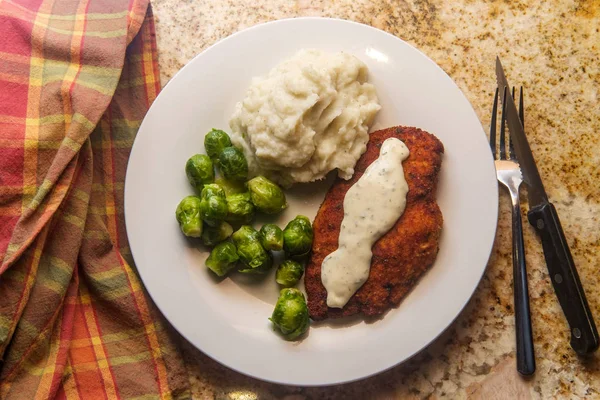 Baked Breaded Chicken Cutlets Brussels Sprouts Mashed Potatoes — Stock Photo, Image