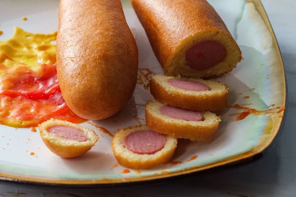 American Fast Food Cuisine Messy Corn Dog — Stock Photo, Image