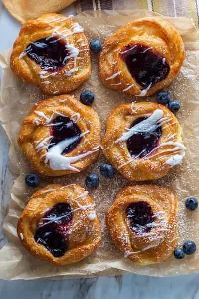 Blueberry Glazed Danish Dessert Pastries Icing Powdered Sugar — Stock Photo, Image