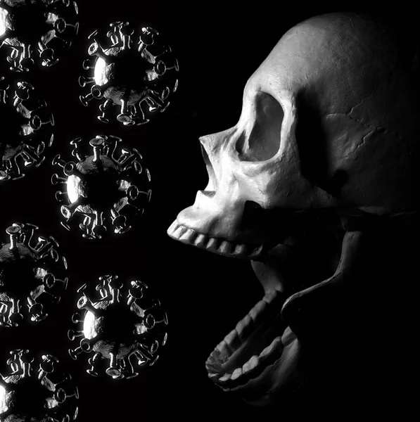 コロナウイルスの概念を持つ恐ろしい頭蓋骨は 伝染病がどれほど恐ろしいかを示すために — ストック写真