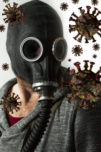 Muž Plynové Masce Jako Ochrana Proti Smrtelné Koronavirové Infekci — Stock fotografie