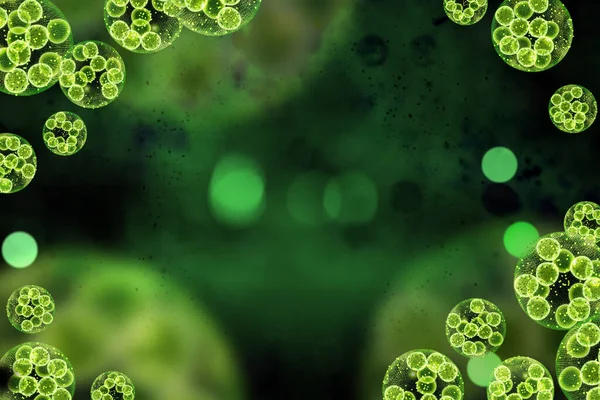 Green single cell chlorella algae microscopic conceptual 3D illustration