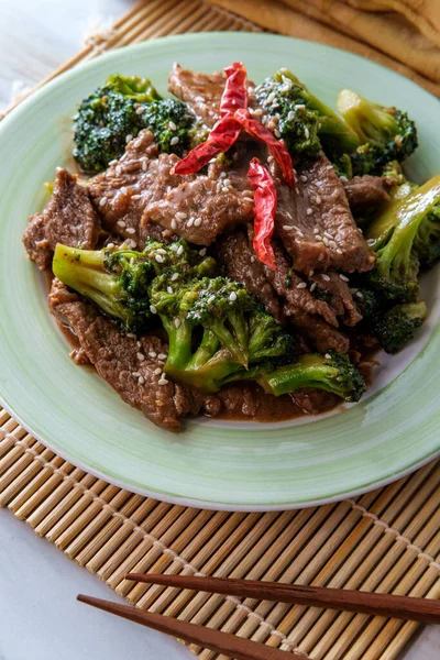 Szechuan stir fried beef with broccoli and hot peppers