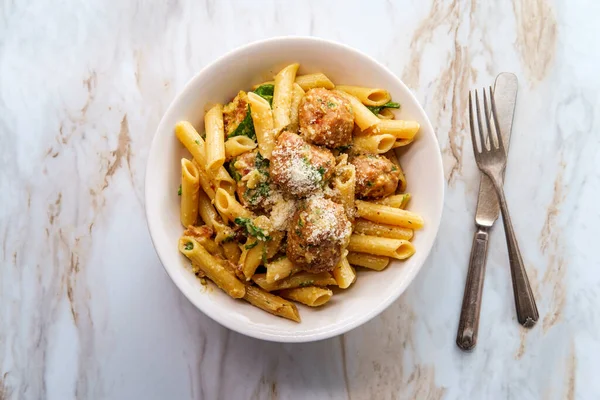 Italian Penne Alla Carbonara Pasta Dish Sausage Meatballs Spinach — Stock Photo, Image