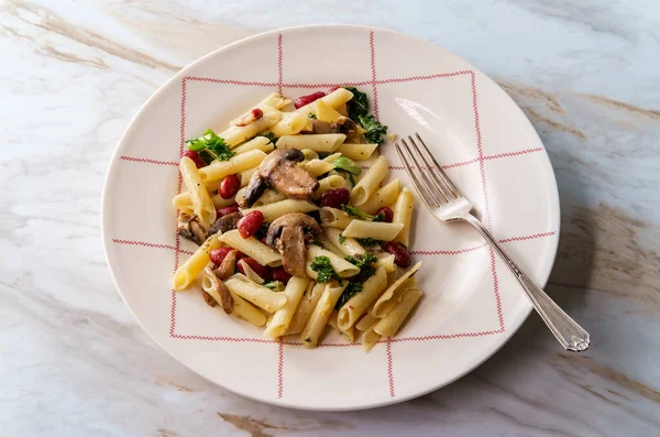 Kidney Bean Mushroom Kale Penne Pasta White Wine Butter Sauce — Stock Photo, Image