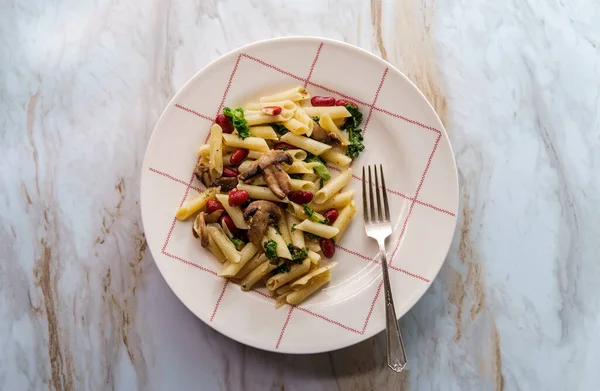 Kidney Bean Mushroom Kale Penne Pasta White Wine Butter Sauce — Stock Photo, Image