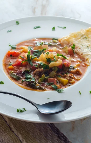 Hearty Italian Minestrone Soup Sausage Parmesan Cheese Crisp Plating — Stock Photo, Image