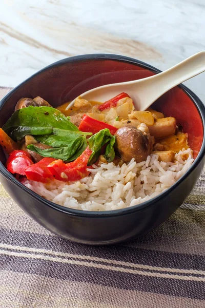 Thai Food Spicy Coconut Milk Red Curry Soup Chicken Rice — Stock Photo, Image