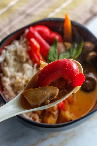 Thailändsk Mat Kryddig Kokosmjölk Röd Currysoppa Med Kyckling Och Ris — Stockfoto