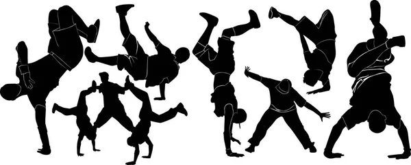 Collectie breakdance breakdance. Breakdance breakdance. Silhouetten breakdancer op een witte achtergrond. Vectorillustratie. — Stockvector