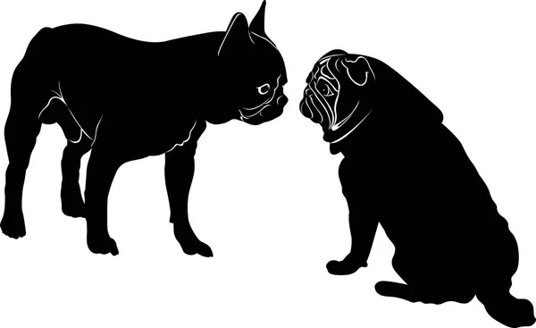 Hond Bulldog. De hondenras bulldog. Hond Bulldog zwart silhouet vector geïsoleerd op een witte achtergrond. Hond mopshond. Vergadering twee honden van een bulldog en een mopshond — Stockvector