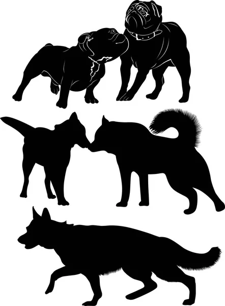 Honden. Honden zwarte silhouet geïsoleerd. Bulldog. mopshond. Herder. Zoals. Malamute — Stockvector