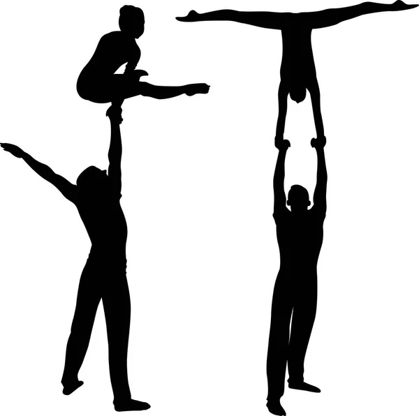Gymnaster akrobater vektor svart siluett på svart bakgrund. Gymnaster akrobater vektor — Stock vektor