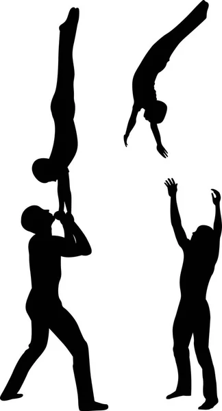 Gymnasts acrobats vector black silhouette on black background. Gymnasts acrobats vector — Stock Vector
