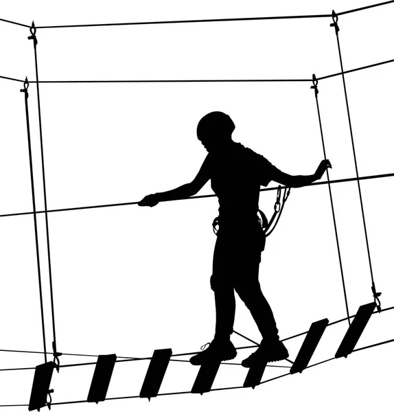 Jongen in adventure park touwladder. Silhouet avontuur. Extreme sporter pakte met touw. Sport weekend actie in adventure park touwladder. — Stockvector