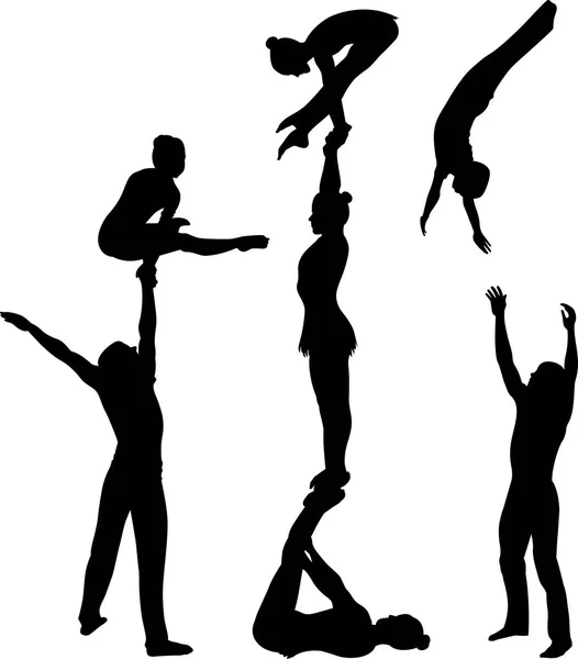 Acrobatic stunt. Gymnasts acrobats vector black silhouette. Gymnasts acrobats vector — Stock Vector