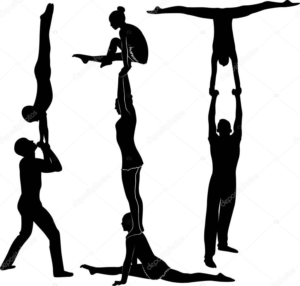 acrobatic stunt. Gymnasts acrobats vector black silhouette. Gymnasts acrobats vector