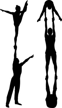 akrobatik dublör. Jimnastikçiler akrobatlar siyah siluet vektör. Jimnastikçiler akrobatlar vektör