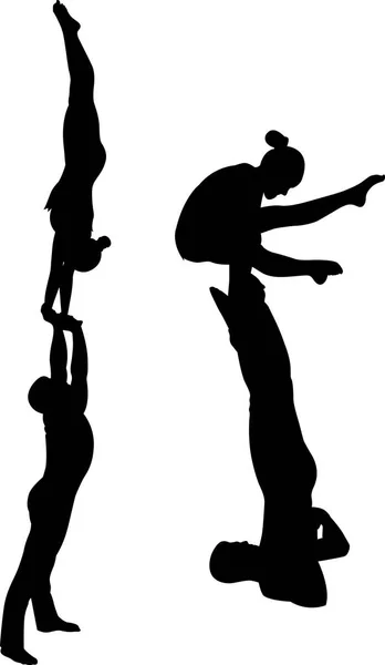 Akrobatikus mutatvány. Tornászok, akrobaták vektoros fekete sziluettje. Tornászok, akrobaták vektor — Stock Vector