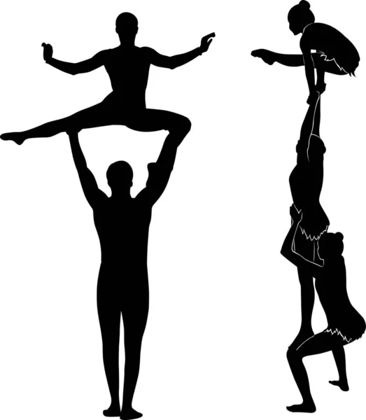 Akrobatyczne Stunt Gimnastyków Akrobatów Wektor Czarna Sylwetka Gimnastycy Akrobaci Wektor — Wektor stockowy