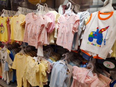 Saigon/Vietnam: 1May 19: Beautiful baby clothes pyjamas infant colorful fashion in supermarket shelf little casual clothing