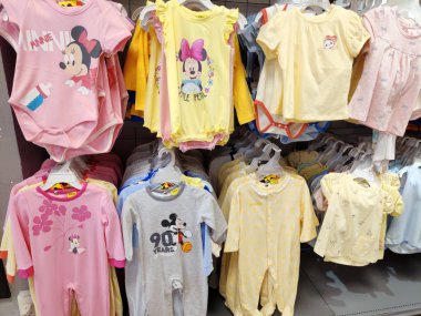 Saigon/Vietnam: 1May 19: Beautiful baby clothes pyjamas infant colorful fashion in supermarket shelf little casual clothing