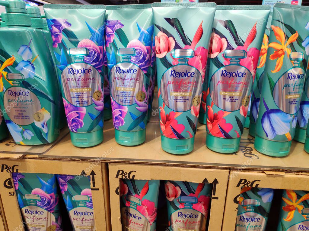 Saigon/Vietnam: 1 May 2019: Pantene Clear Rejoice shampoo conditioner big container on supermarket shelf cosmetic beauty product of Unilever