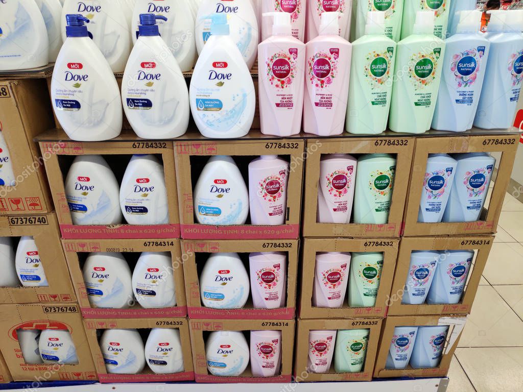 Hochiminh city, Vietnam - July 01 2019: Variety shampoo products on supermarket shelf Dove Sunsilk Pantene Rejoice beautiful cosmetic products for hair