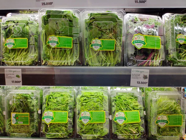 Varias Hierbas Hojas Recipientes Plástico Estantes Supermercado — Foto de Stock