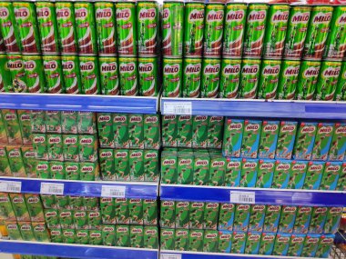 Saigon/Vietnam:1 May 19: Milo can chocolate malt powder mixed with hot water and milk popular beverage Nestle product green tin in supermarket shelf