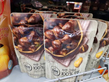 Saigon/Vietnam: 1May 19: Chestnut Korean products organic seeds tasty edible delicious roasted nutshell in supermarket shelf