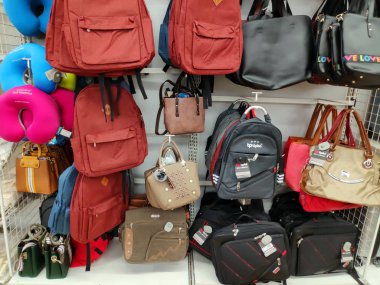 Saigon/Vietnam: 1May 19: Beautiful colorful backpack shops with various size style school backpack handbags for adults and children fashionable trending bags