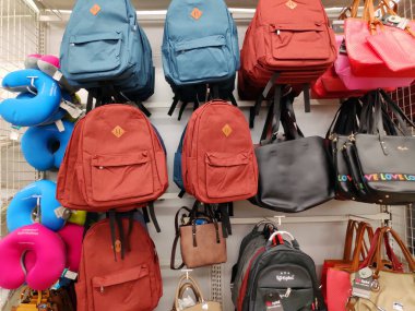 Saigon/Vietnam: 1May 19: Beautiful colorful backpack shops with various size style school backpack handbags for adults and children fashionable trending bags