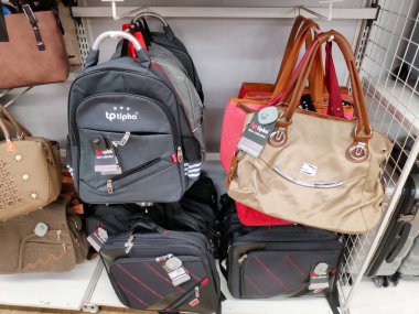 Saigon/Vietnam: 1May 19: Beautiful colorful backpack shops with various size style school backpack handbags for adults and children fashionable trending bags