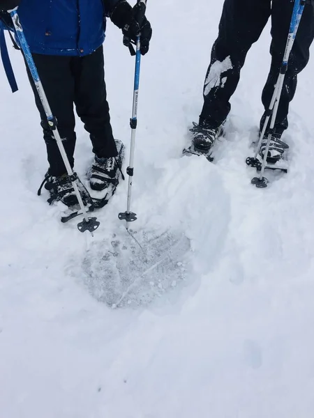 ニュージーランド 5月19 雪で覆われた風景の中にスノーシューアドベンチャーハイキングトラックと人々は注目すべきクイーンズタウンニュージーランドトレッキング冬を登るためにポールスノーシューズ機器を使用します — ストック写真