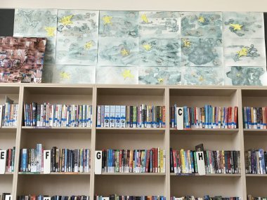 Otago / Yeni Zelanda: 1 Mayıs 19: İlkokulda rengarenk temiz raf alfabesiyle kütüphane kitapları düzenledi eğitim kitaplığı rafı 