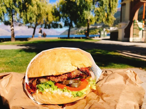 Queenstown Yeni Zelanda 'da yeni Zelanda usulü leziz ferg burger. Biftek soslu jalapeno biberli domuz pastırması. Salatalıklı salatalık turşulu salatalık turşulu dev hamburger. 