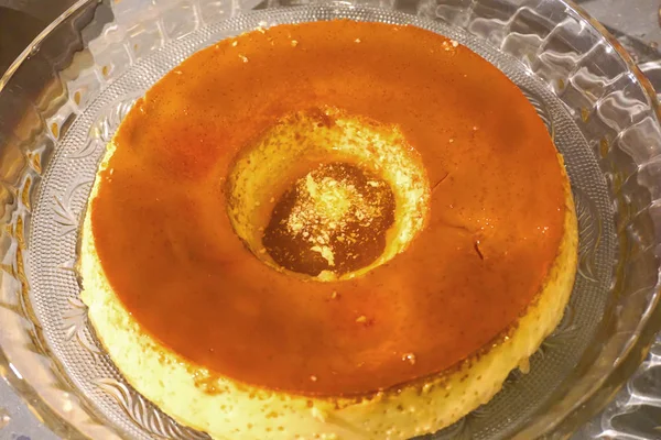 Tarta Flan Con Caramelo Salsa Café Cubitos Hielo — Foto de Stock