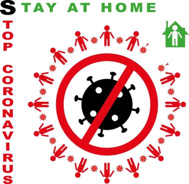 Evde kal Coronavirus COVID-19 sosyal medya kampanyasını ve SARC-CoV-2 salgınını önle. Sağlık hizmeti, koruma. Vektör çizimi. Enfeksiyon kapmış insanlardan oluşan bir kalabalığın ev karantinası.