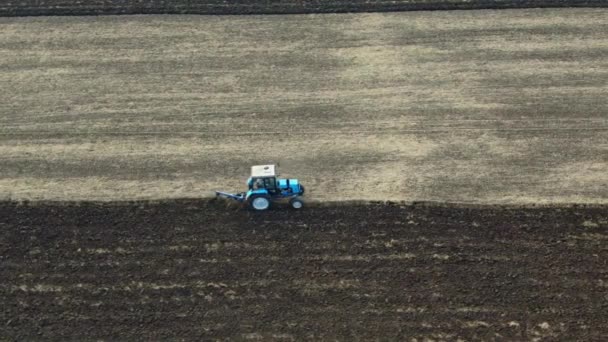Небольшой трактор вспахивает землю в конце сезона, подготовка к посеву, поздняя осень, сельская местность, стрельба с беспилотника . — стоковое видео