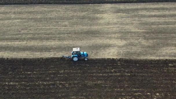 En liten traktor plöjer marken i slutet av säsongen, förberedelse för sådd, sen höst, landsbygd, skytte från en drönare. — Stockvideo