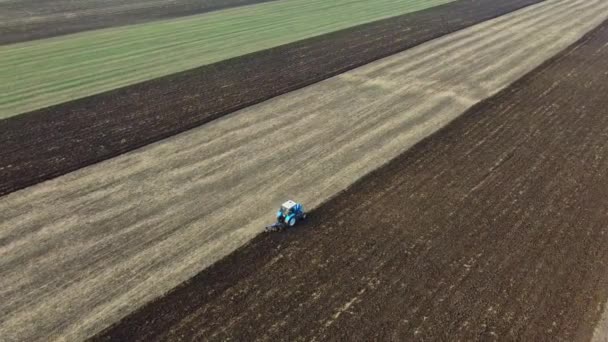 Un petit tracteur laboure la terre à la fin de la saison, préparation aux semis, fin d'automne, campagne, tir à partir d'un drone . — Video