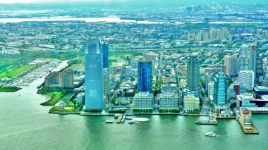  Dünya Ticaret Merkezi 'nden Jersey şehrine bir manzara, New York şehri manzarası, Usa, Hudson nehri, monokrom, gökdelenler, seyahat fotoğrafları, Jersey şehri, gökyüzü...