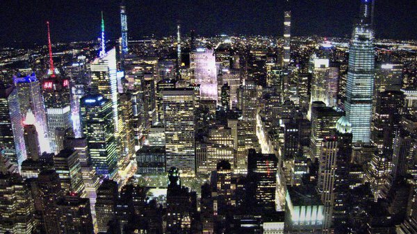 New York City , USA , night view , skyscrapers , night skyline , view above , lookiing from Empire State Building , travel photo , tourist object , colorful lights , view from bird 